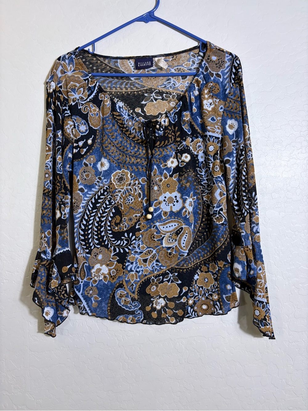Vintage Y2K Boho Paisley Floral Ruffle Sleeve Tie-Front Blouse Peasant Top L